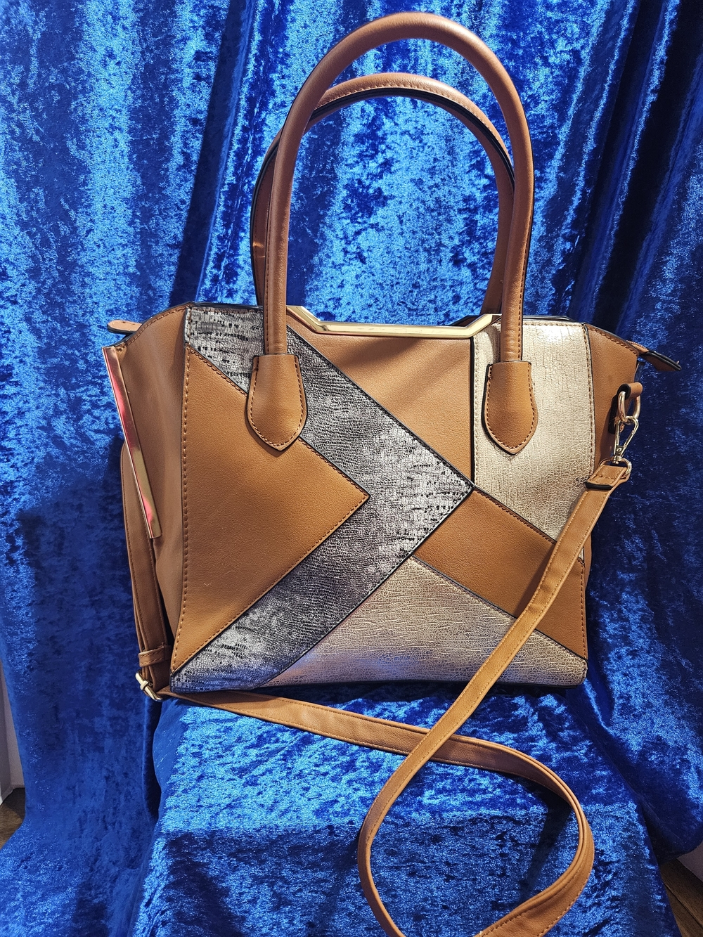 Dasein - Stylish Tan and Silver Patchwork Satchel Handbag